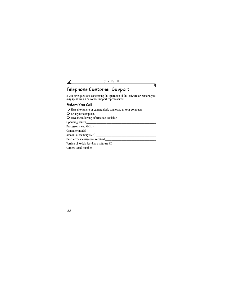 Telephone customer support, Before you call | Kodak CX6200 User Manual | Page 100 / 120