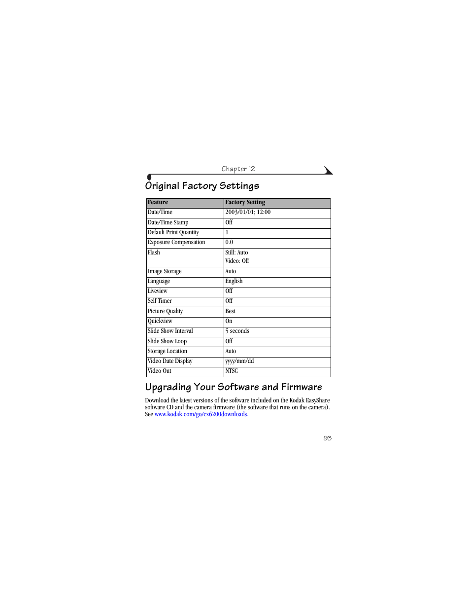 Original factory settings, Upgrading your software and firmware | Kodak CX6200 User Manual | Page 105 / 120