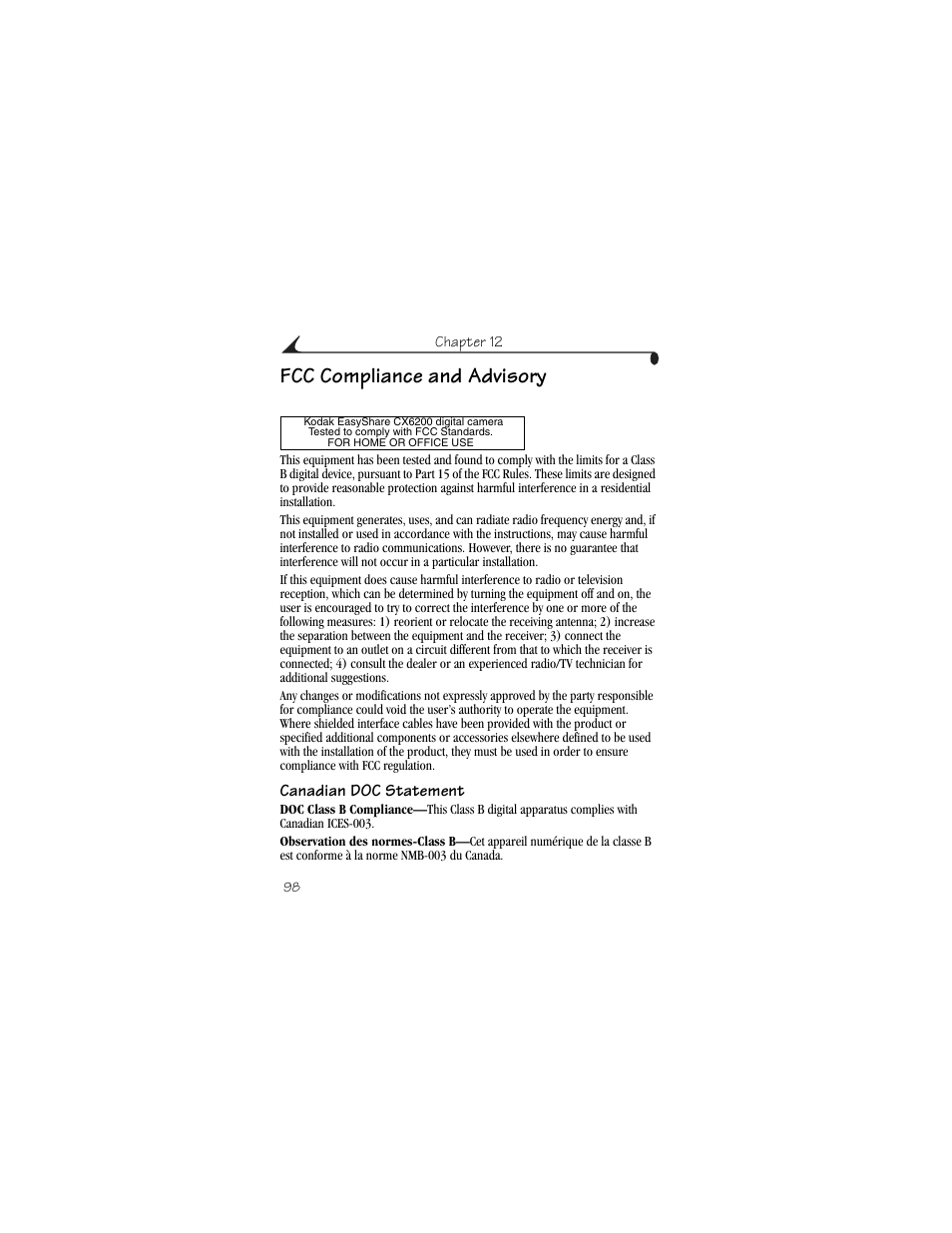 Fcc compliance and advisory, Canadian doc statement | Kodak CX6200 User Manual | Page 110 / 120