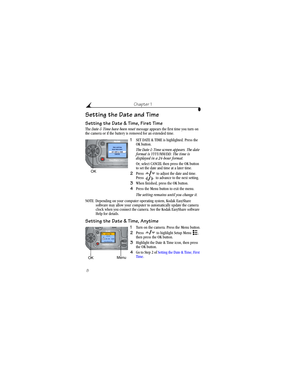 Setting the date and time, Setting the date & time, first time, Setting the date & time, anytime | Kodak CX6200 User Manual | Page 20 / 120