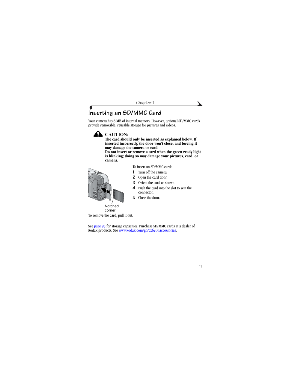 Inserting an sd/mmc card | Kodak CX6200 User Manual | Page 23 / 120