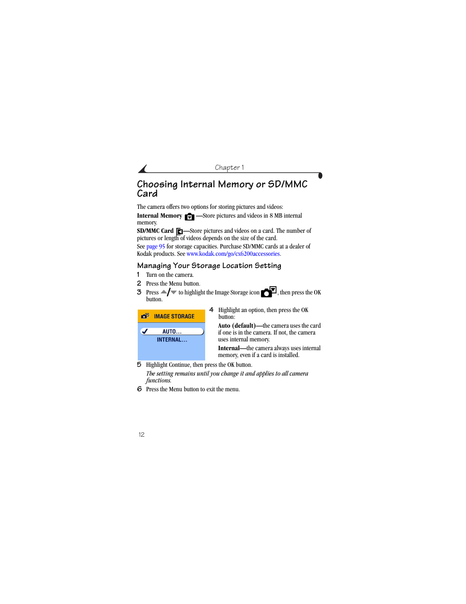 Choosing internal memory or sd/mmc card, Managing your storage location setting | Kodak CX6200 User Manual | Page 24 / 120