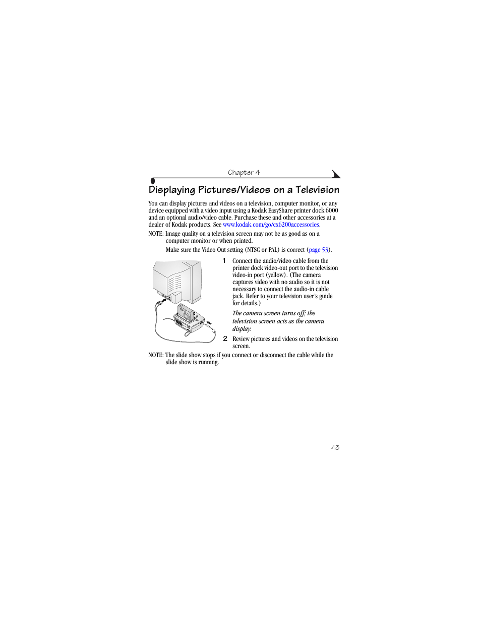 Displaying pictures/videos on a television | Kodak CX6200 User Manual | Page 55 / 120