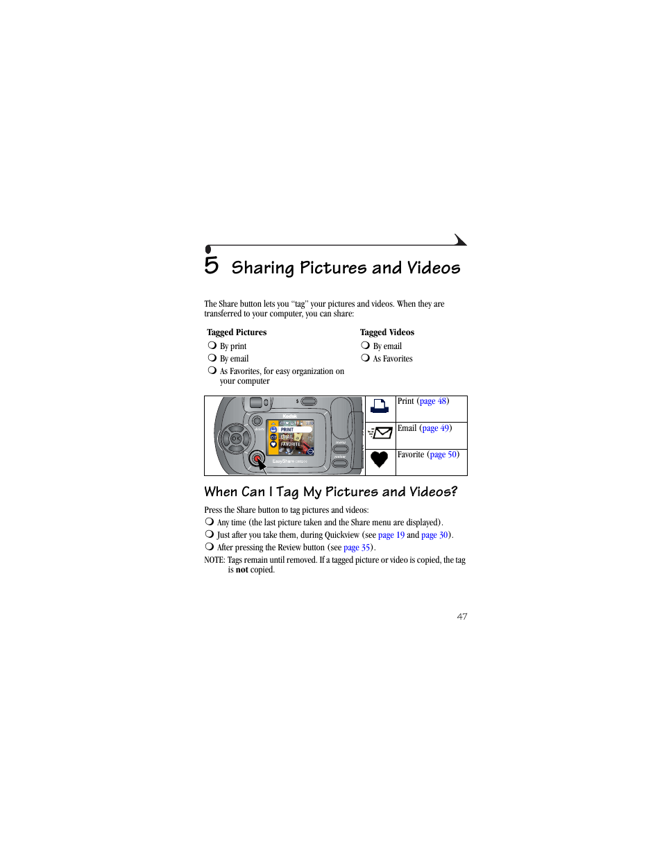 5 sharing pictures and videos, When can i tag my pictures and videos, Share | Sharing pictures and videos | Kodak CX6200 User Manual | Page 59 / 120