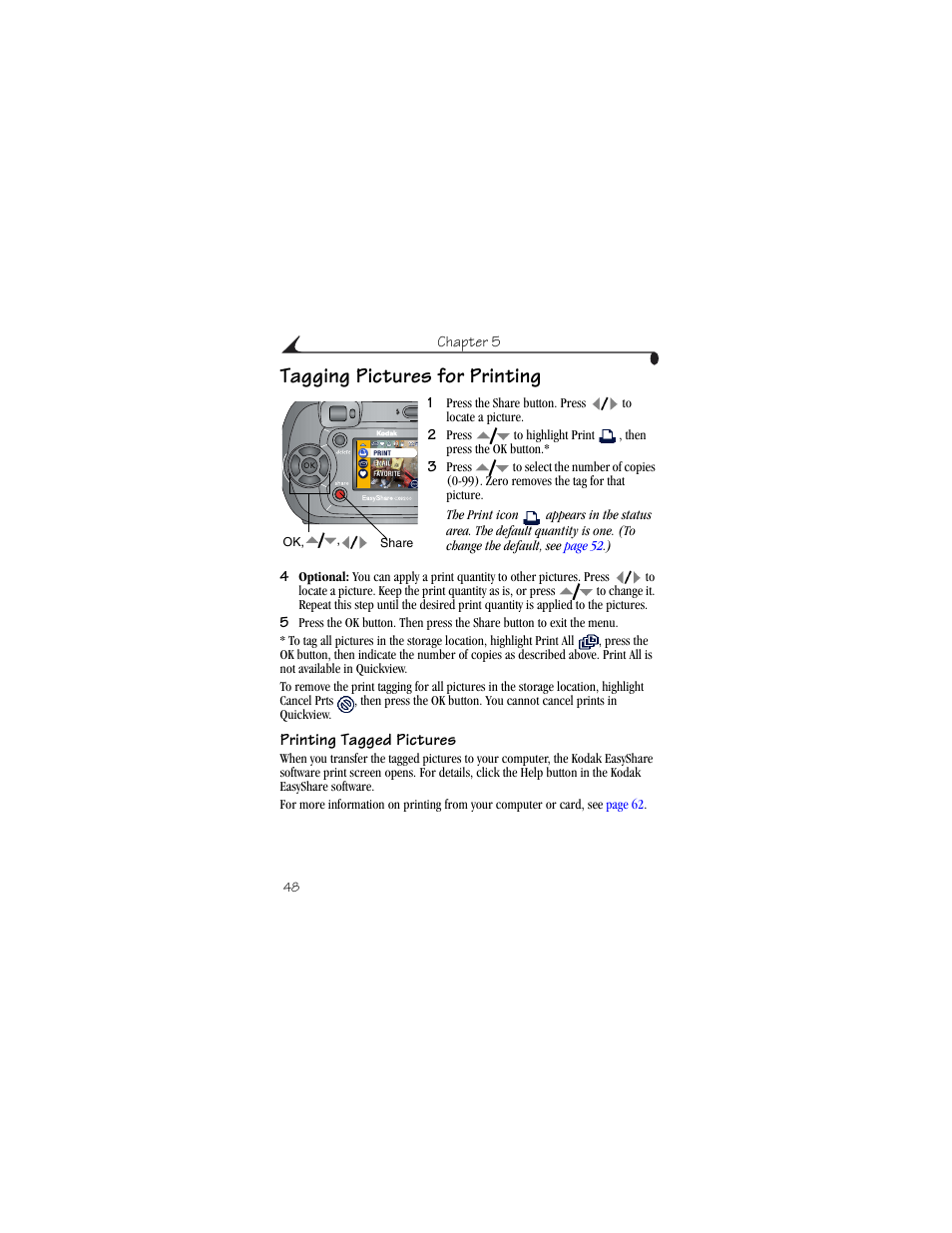 Tagging pictures for printing, Printing tagged pictures | Kodak CX6200 User Manual | Page 60 / 120