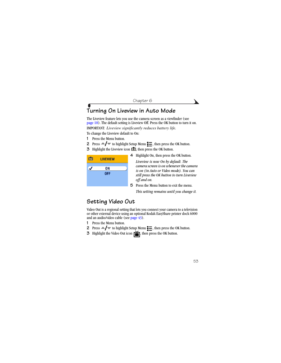 Turning on liveview in auto mode, Setting video out, Turning on liveview setting video out | Kodak CX6200 User Manual | Page 65 / 120