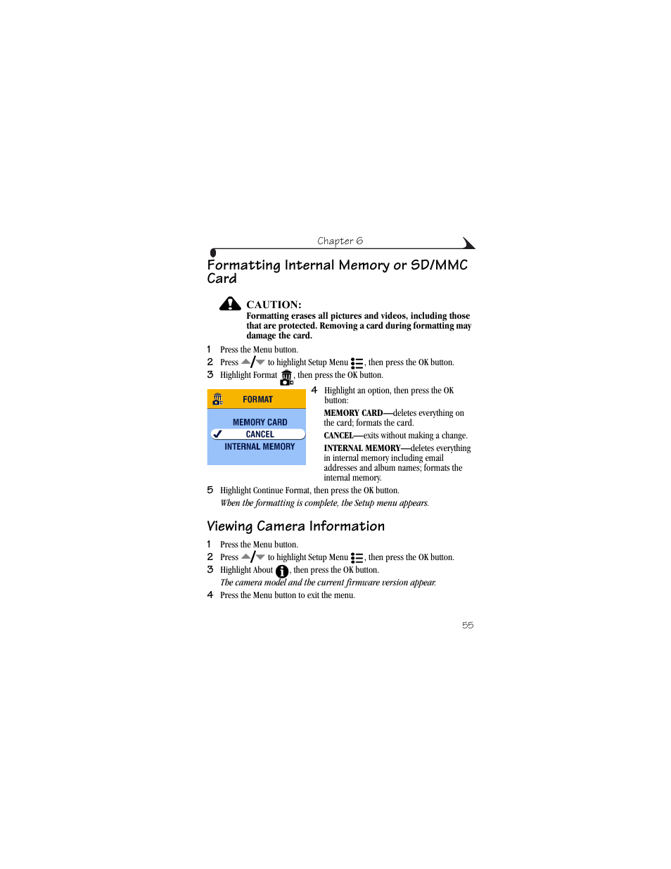 Formatting internal memory or sd/mmc card, Viewing camera information | Kodak CX6200 User Manual | Page 67 / 120