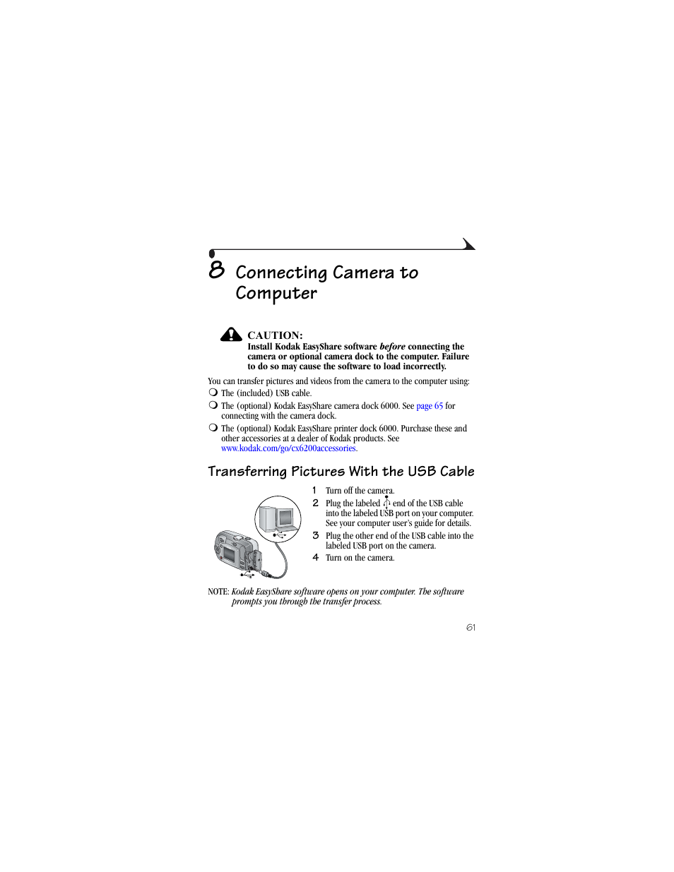 8 connecting camera to computer, Transferring pictures with the usb cable, Connecting camera to computer | Kodak CX6200 User Manual | Page 73 / 120