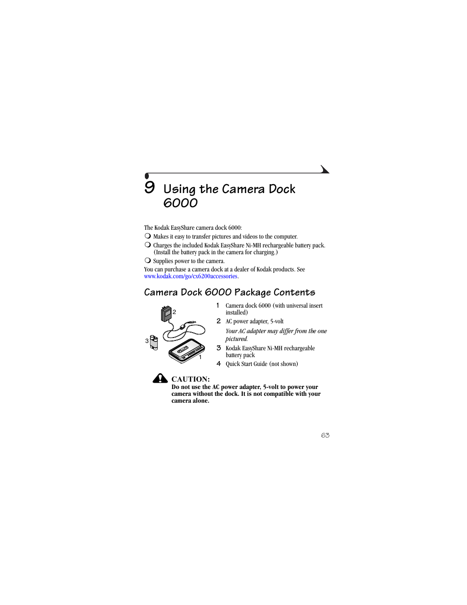9 using the camera dock 6000, Camera dock 6000 package contents, Using the camera dock 6000 | Kodak CX6200 User Manual | Page 75 / 120