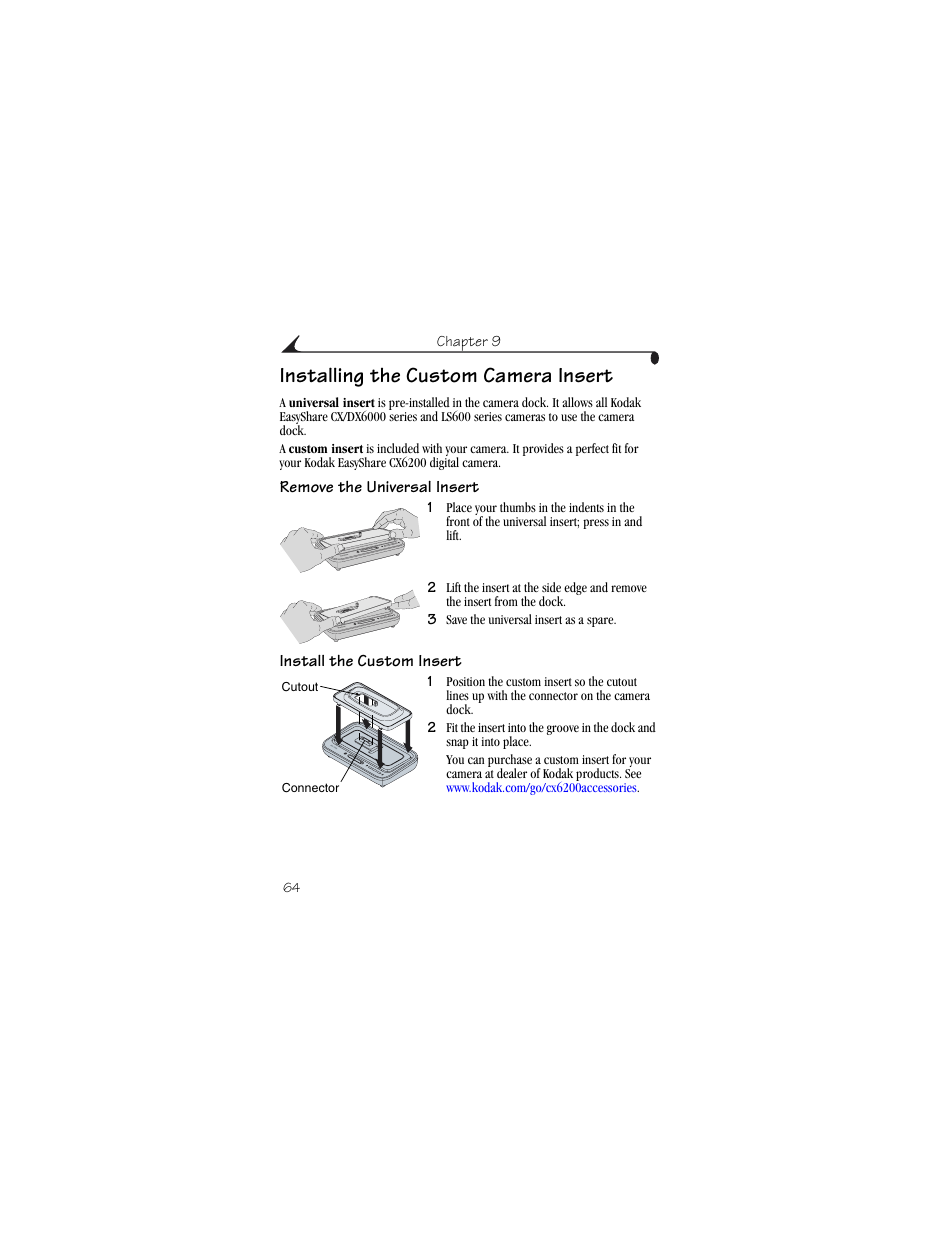 Installing the custom camera insert, Remove the universal insert, Install the custom insert | Kodak CX6200 User Manual | Page 76 / 120