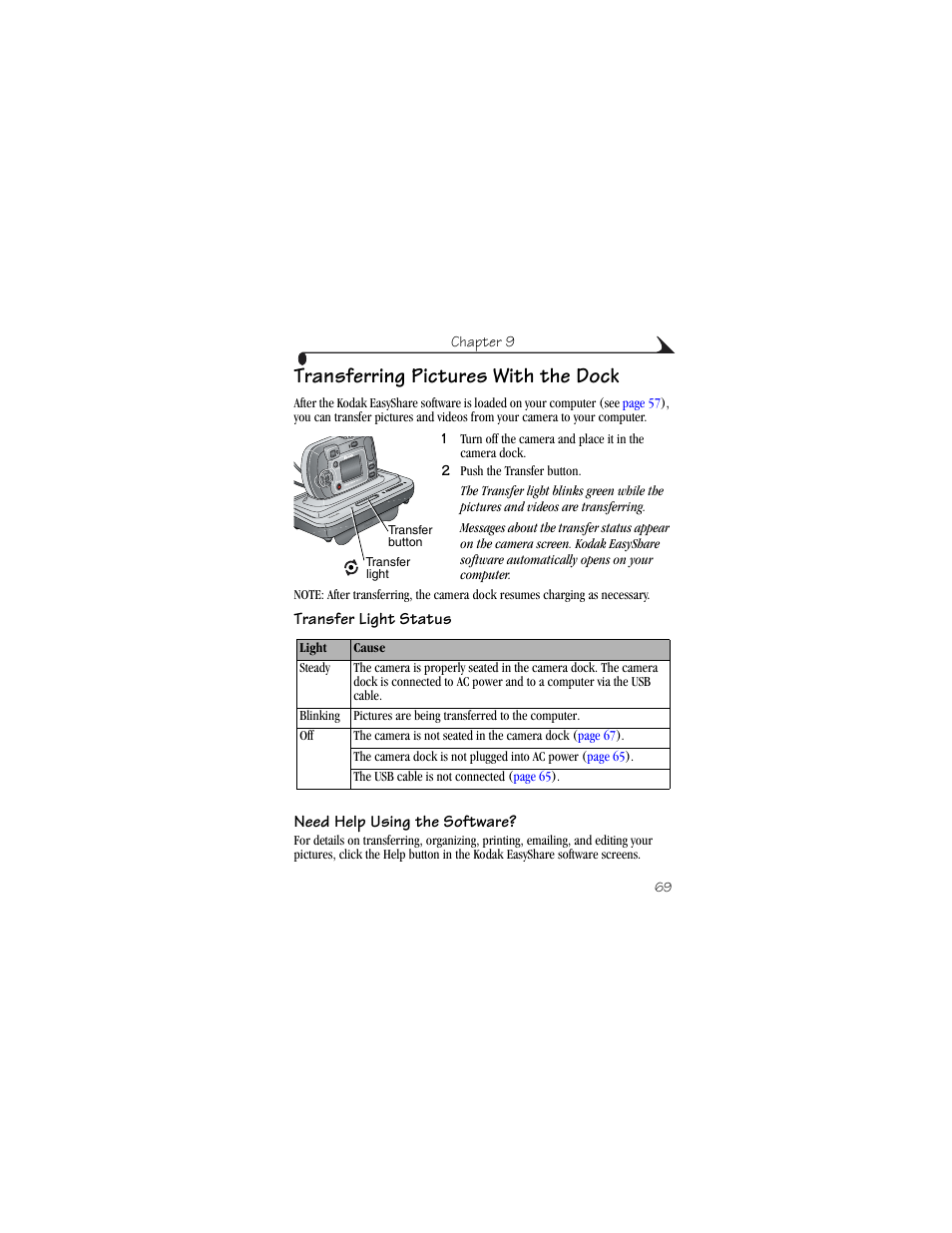 Transferring pictures with the dock, Transfer light status, Need help using the software | Kodak CX6200 User Manual | Page 81 / 120