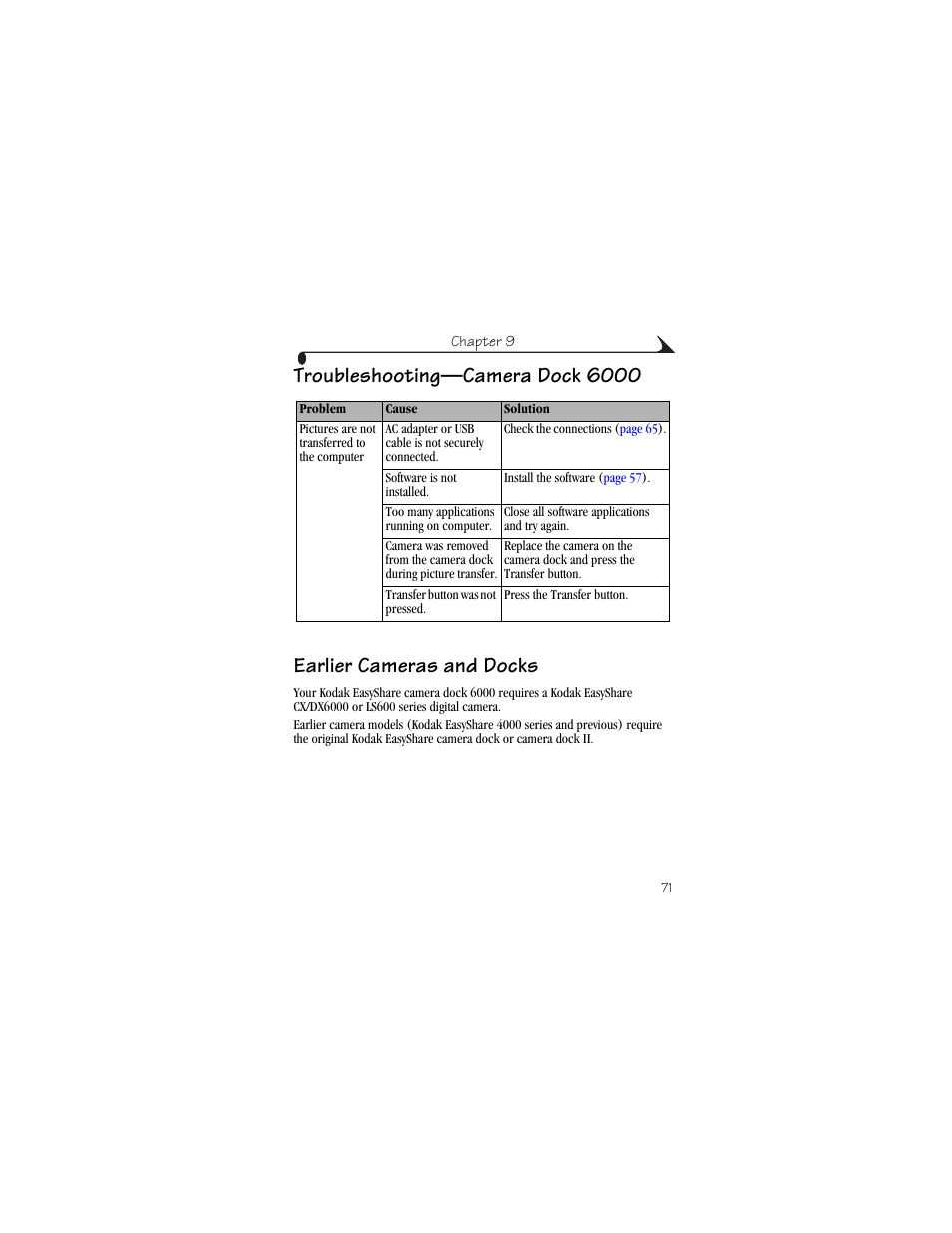 Troubleshooting—camera dock 6000, Earlier cameras and docks | Kodak CX6200 User Manual | Page 83 / 120