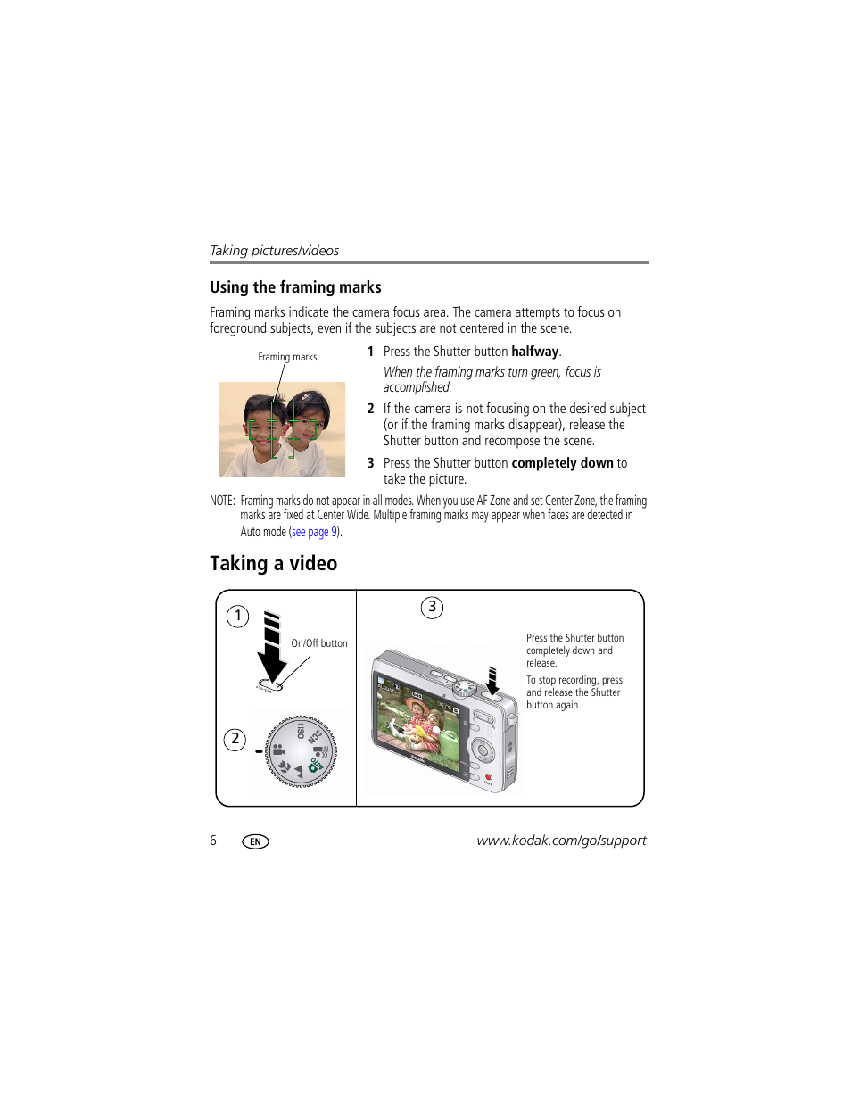 Using the framing marks, Taking a video | Kodak MD1063 User Manual | Page 12 / 75