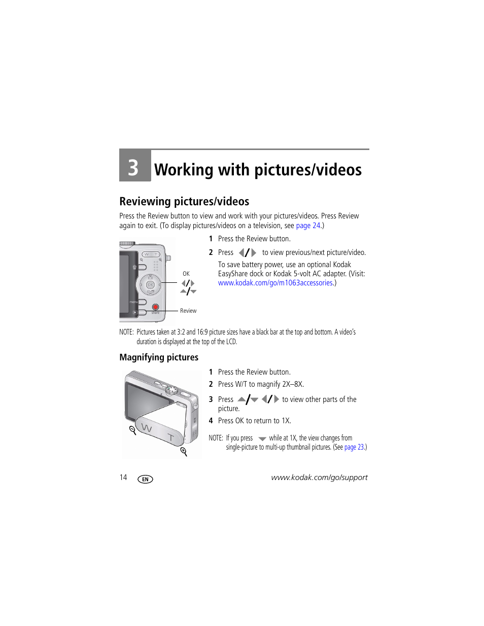 Working with pictures/videos, Reviewing pictures/videos, Magnifying pictures | 3 working with pictures/videos | Kodak MD1063 User Manual | Page 20 / 75