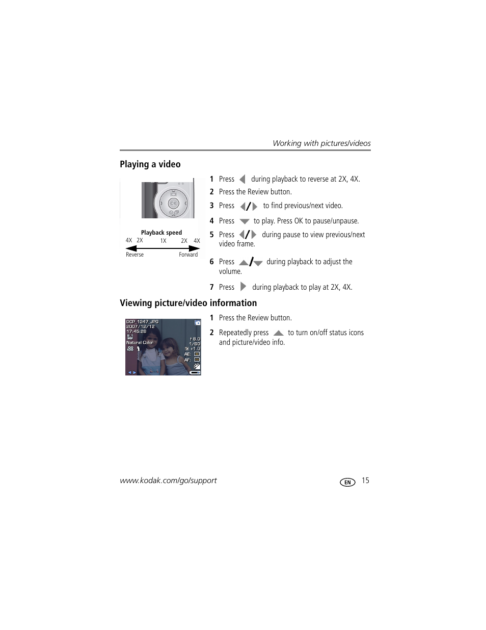Playing a video, Viewing picture/video information | Kodak MD1063 User Manual | Page 21 / 75