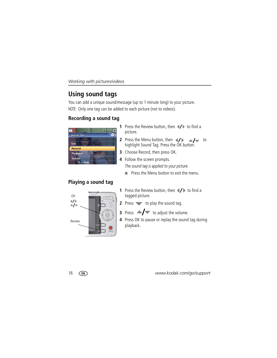 Using sound tags, Recording a sound tag, Playing a sound tag | Kodak MD1063 User Manual | Page 22 / 75