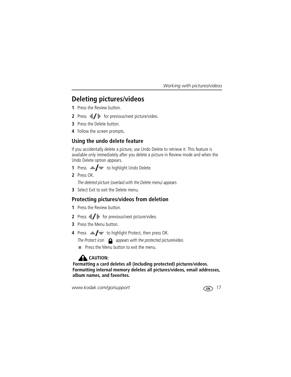 Deleting pictures/videos, Using the undo delete feature, Protecting pictures/videos from deletion | Kodak MD1063 User Manual | Page 23 / 75