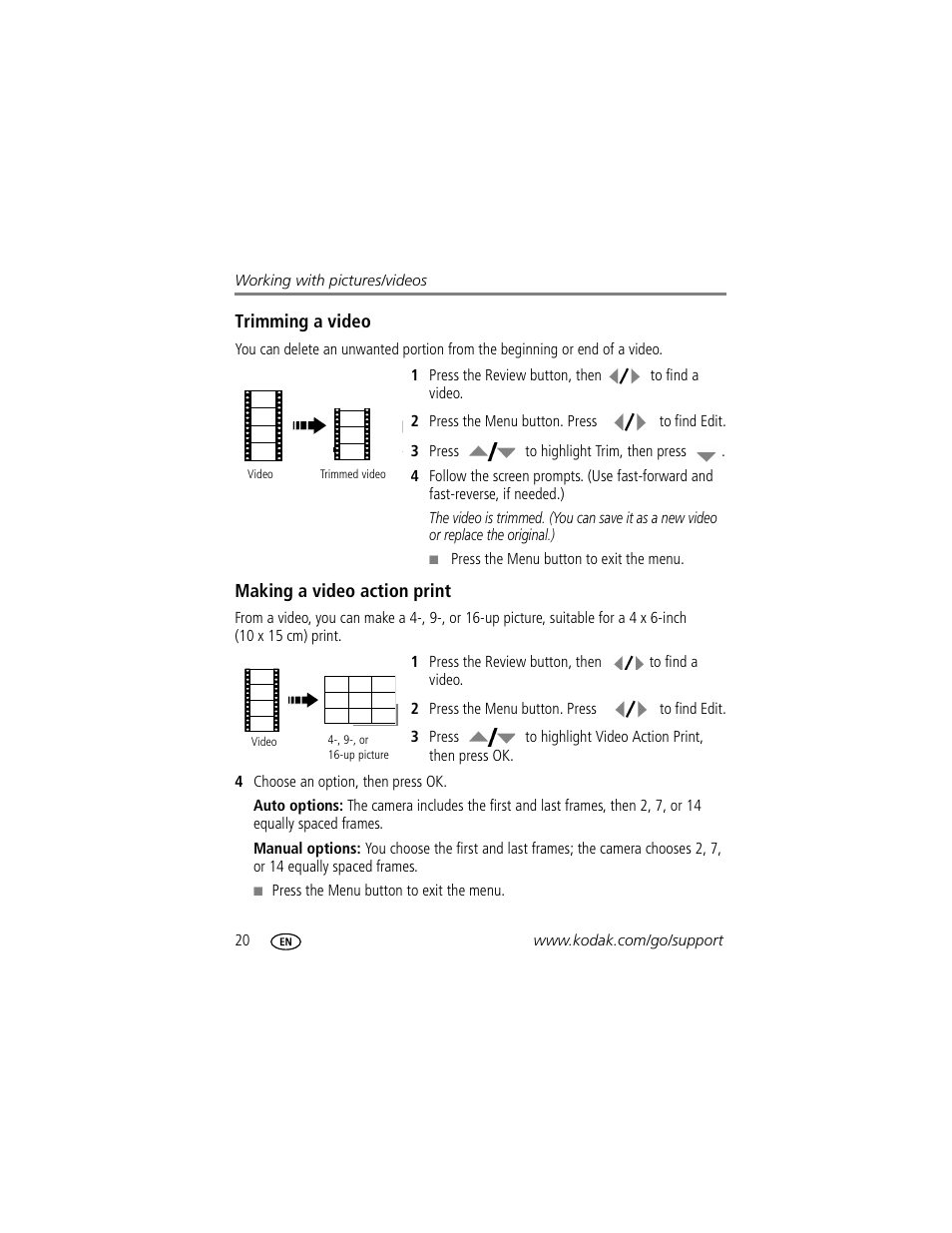 Trimming a video, Making a video action print | Kodak MD1063 User Manual | Page 26 / 75