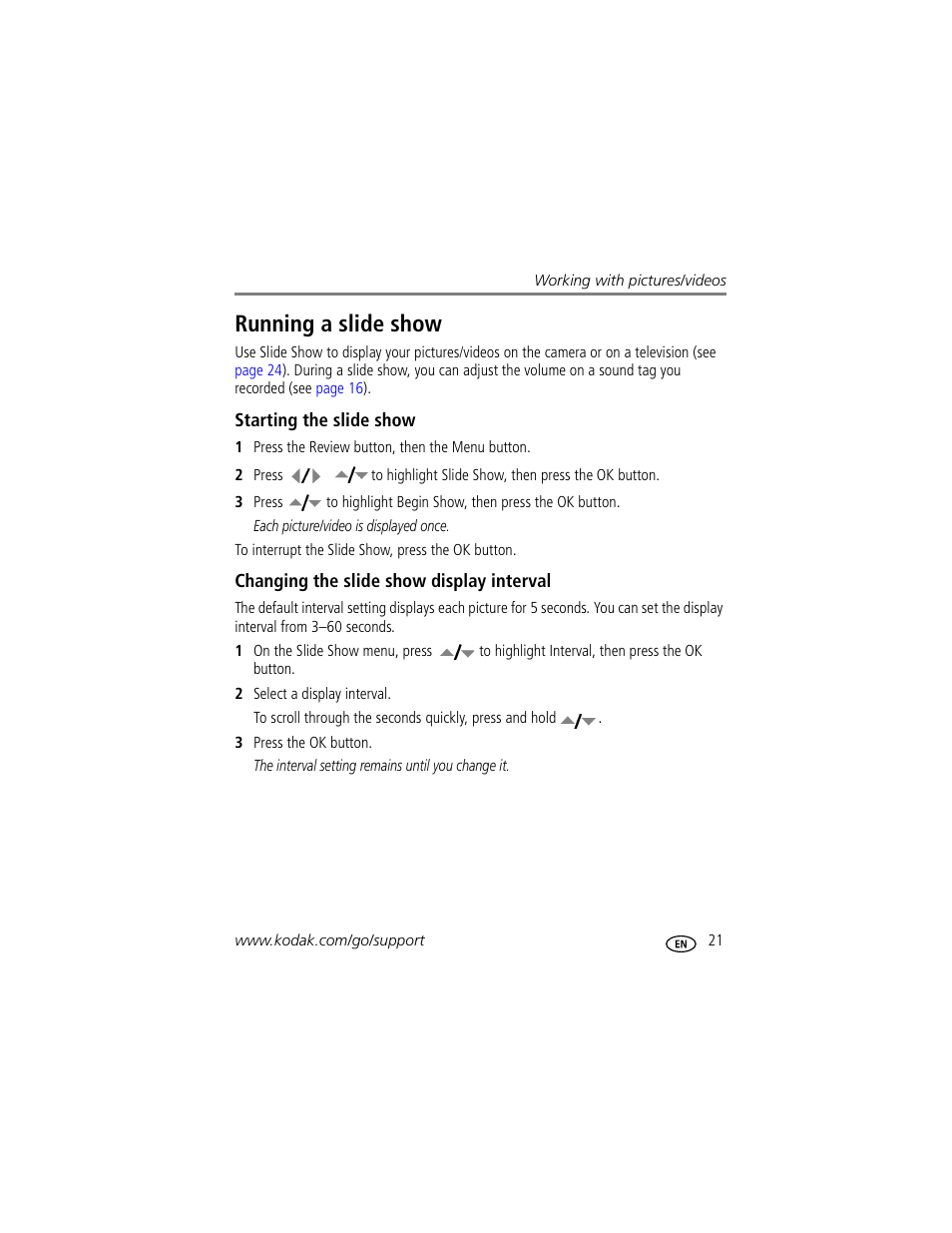Running a slide show, Starting the slide show, Changing the slide show display interval | Kodak MD1063 User Manual | Page 27 / 75