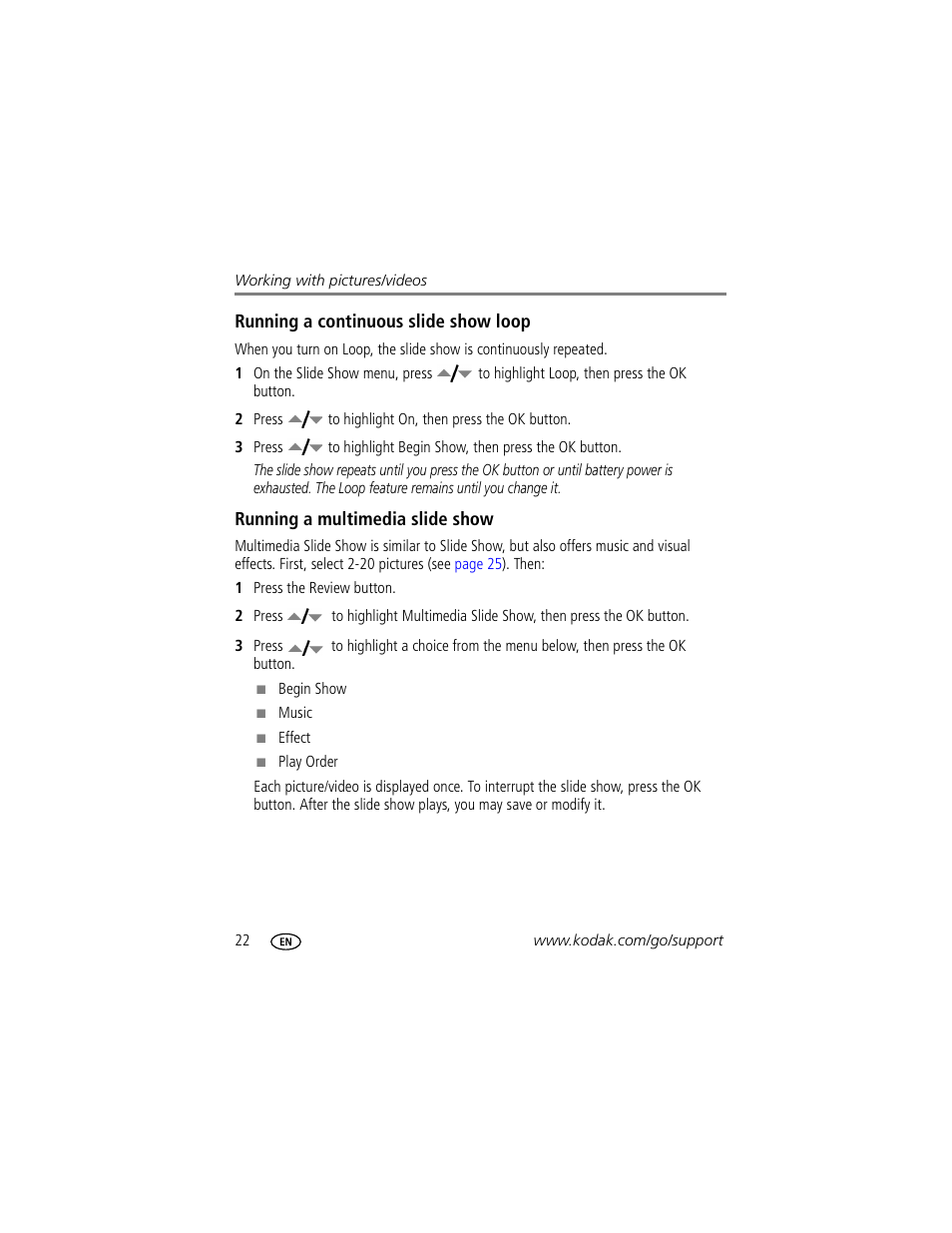 Running a continuous slide show loop, Running a multimedia slide show | Kodak MD1063 User Manual | Page 28 / 75
