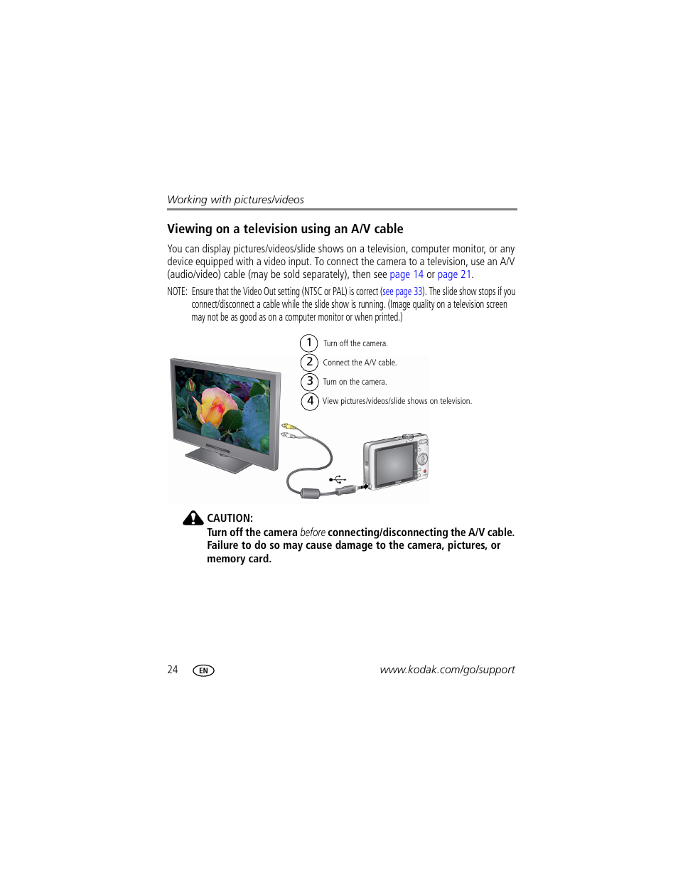 Viewing on a television using an a/v cable | Kodak MD1063 User Manual | Page 30 / 75
