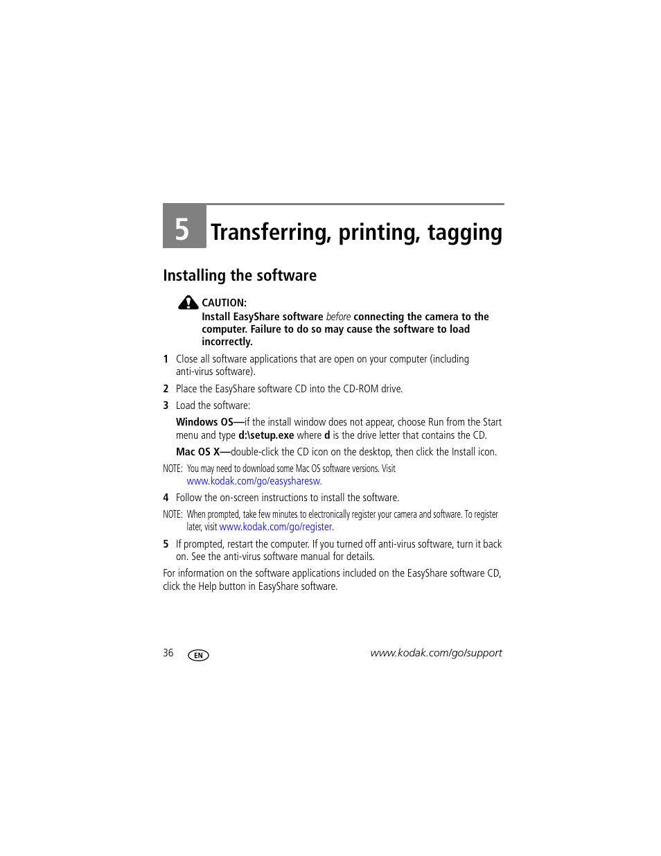 Transferring, printing, tagging, Installing the software, 5 transferring, printing, tagging | Kodak MD1063 User Manual | Page 42 / 75