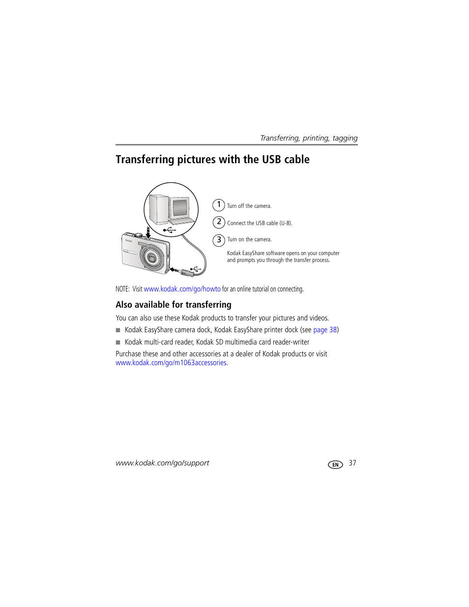 Transferring pictures with the usb cable, Also available for transferring | Kodak MD1063 User Manual | Page 43 / 75