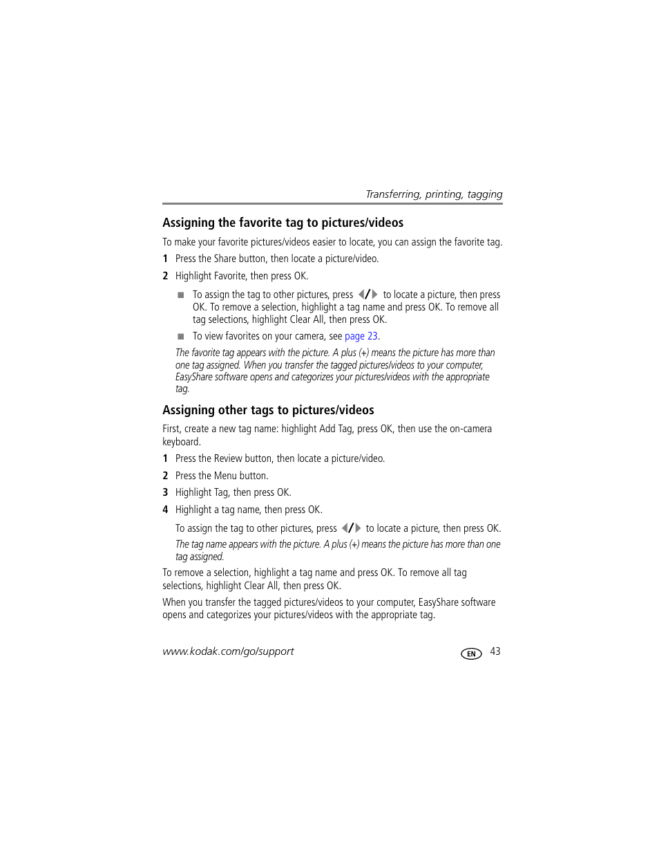 Assigning the favorite tag to pictures/videos, Assigning other tags to pictures/videos | Kodak MD1063 User Manual | Page 49 / 75