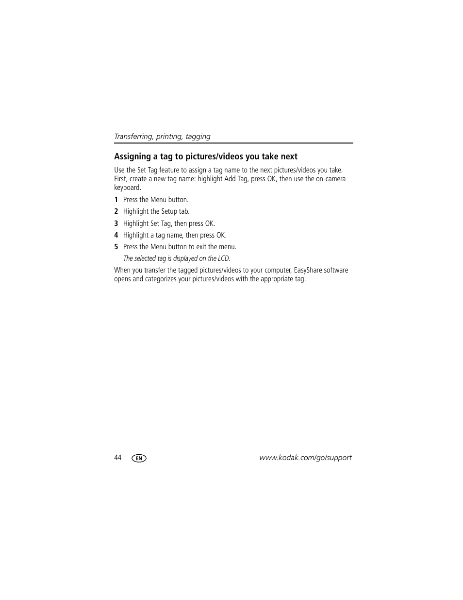 Assigning a tag to pictures/videos you take next | Kodak MD1063 User Manual | Page 50 / 75
