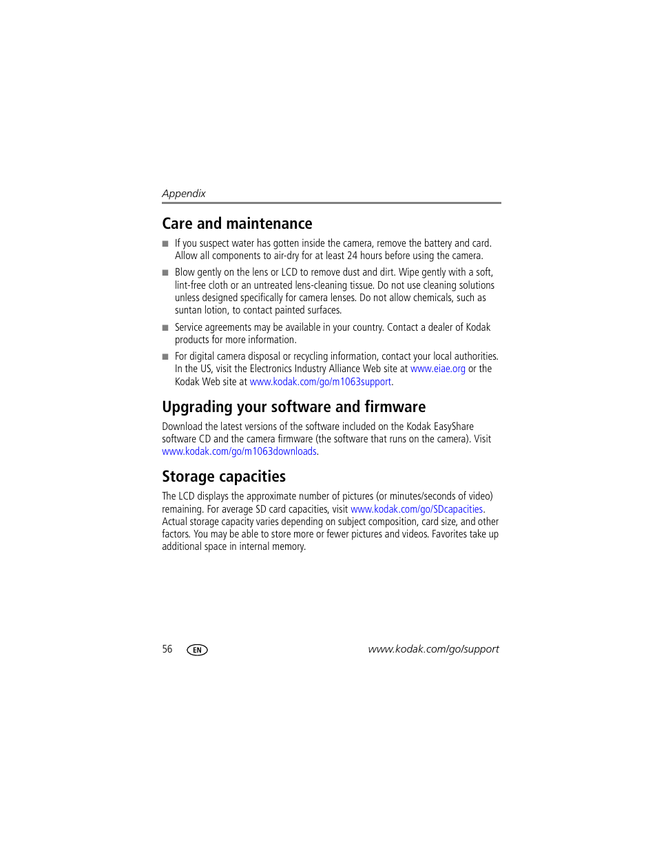 Care and maintenance, Upgrading your software and firmware, Storage capacities | Kodak MD1063 User Manual | Page 62 / 75