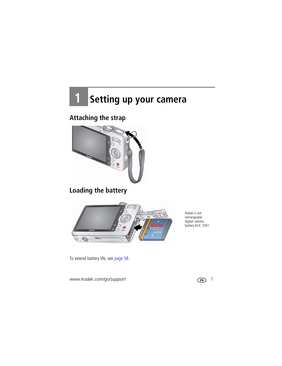 Setting up your camera, Attaching the strap, Loading the battery | 1 setting up your camera, Attaching the strap loading the battery | Kodak MD1063 User Manual | Page 7 / 75