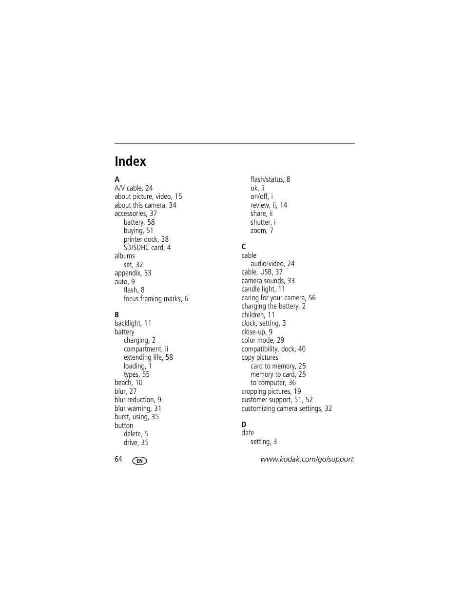 Index | Kodak MD1063 User Manual | Page 70 / 75