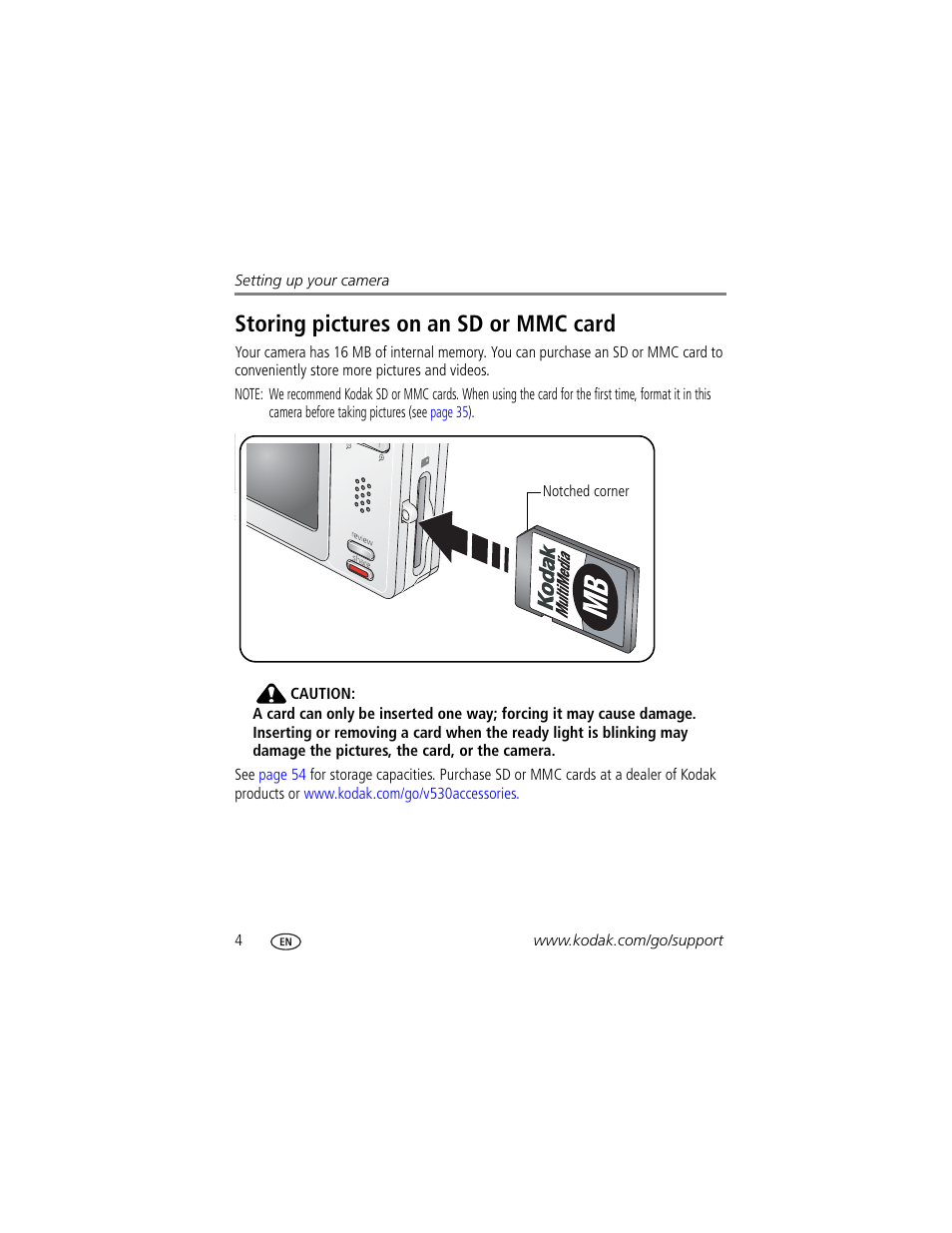 Storing pictures on an sd or mmc card | Kodak V530 User Manual | Page 10 / 73