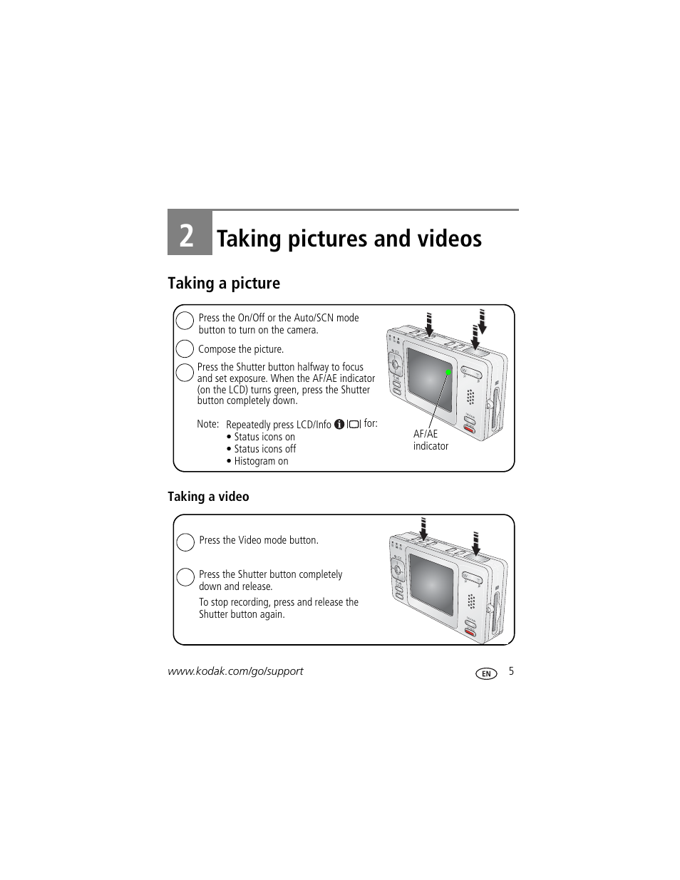 Taking pictures and videos, Taking a picture, Taking a video | 2 taking pictures and videos | Kodak V530 User Manual | Page 11 / 73