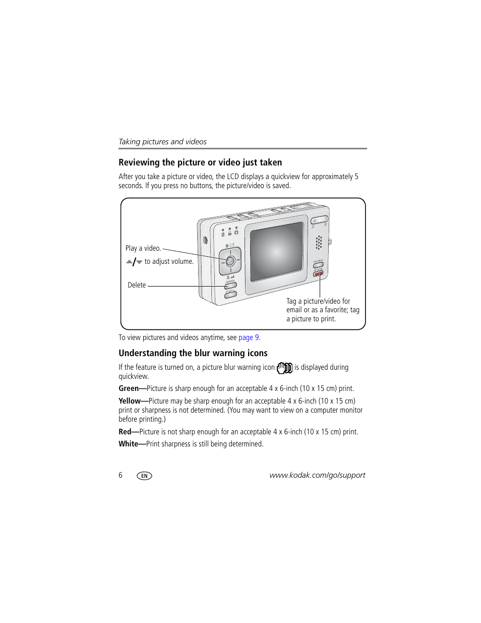 Understanding the blur warning icons | Kodak V530 User Manual | Page 12 / 73