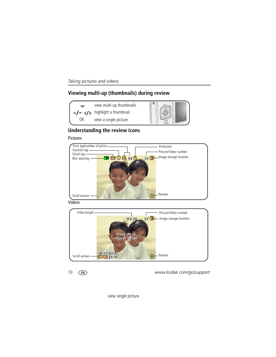 Viewing multi-up (thumbnails) during review, Understanding the review icons | Kodak V530 User Manual | Page 16 / 73