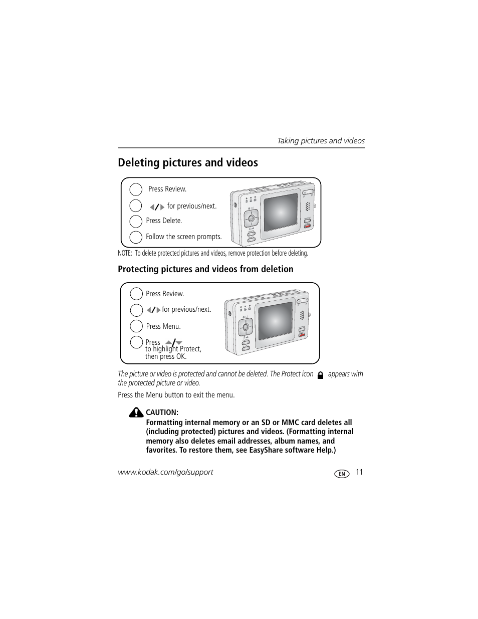 Protecting pictures and videos from deletion, Deleting pictures and videos | Kodak V530 User Manual | Page 17 / 73