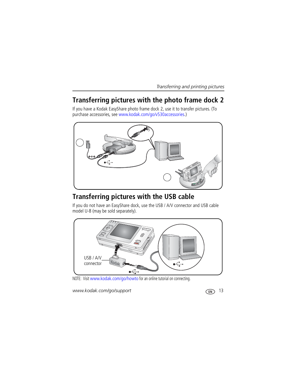 Transferring pictures with the usb cable, Transferring pictures with the photo frame dock 2 | Kodak V530 User Manual | Page 19 / 73