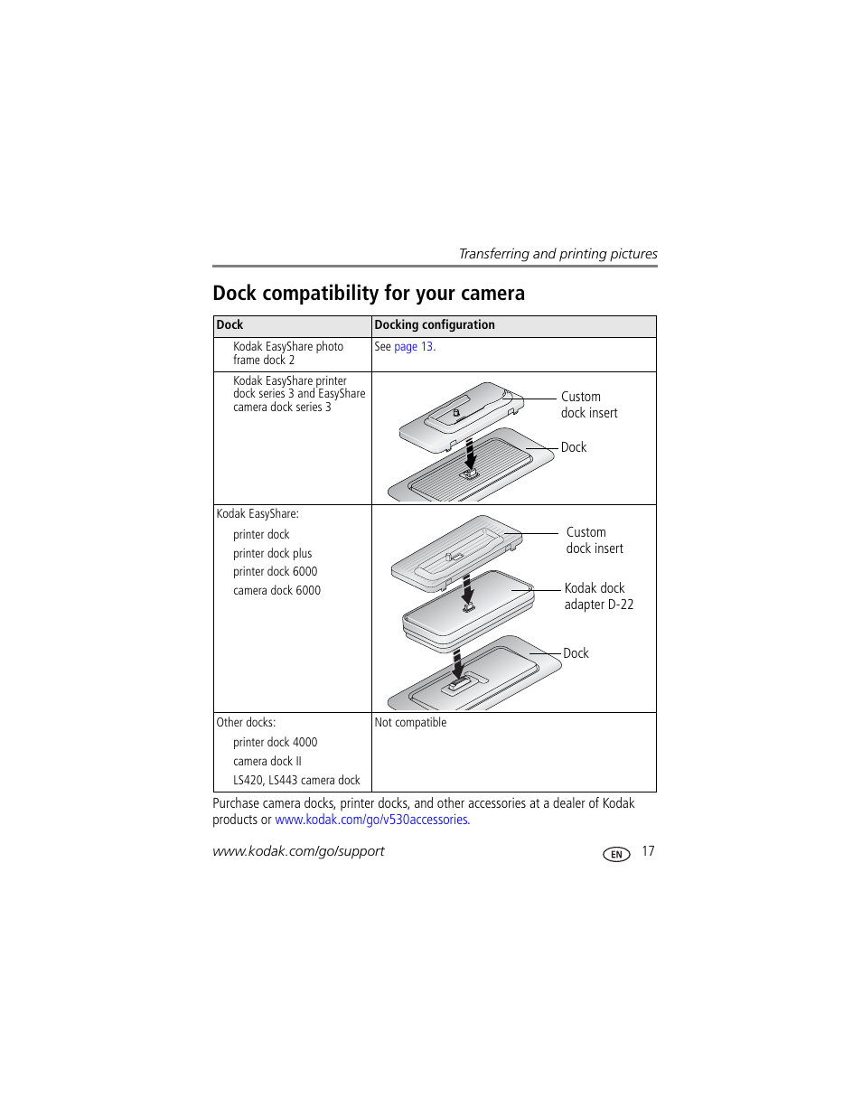 Dock compatibility for your camera | Kodak V530 User Manual | Page 23 / 73