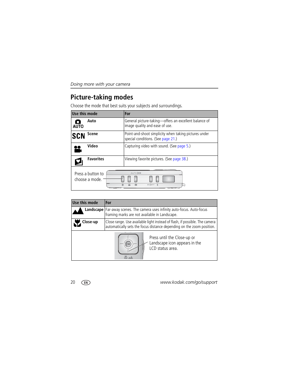 Picture-taking modes | Kodak V530 User Manual | Page 26 / 73