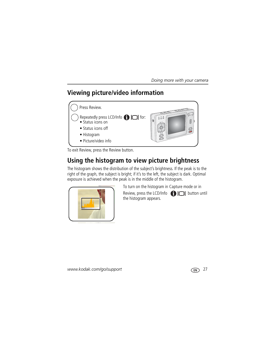 Using the histogram to view picture brightness, Viewing picture/video information | Kodak V530 User Manual | Page 33 / 73