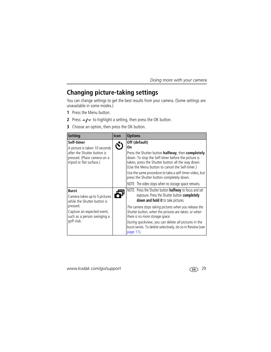 Changing picture-taking settings | Kodak V530 User Manual | Page 35 / 73