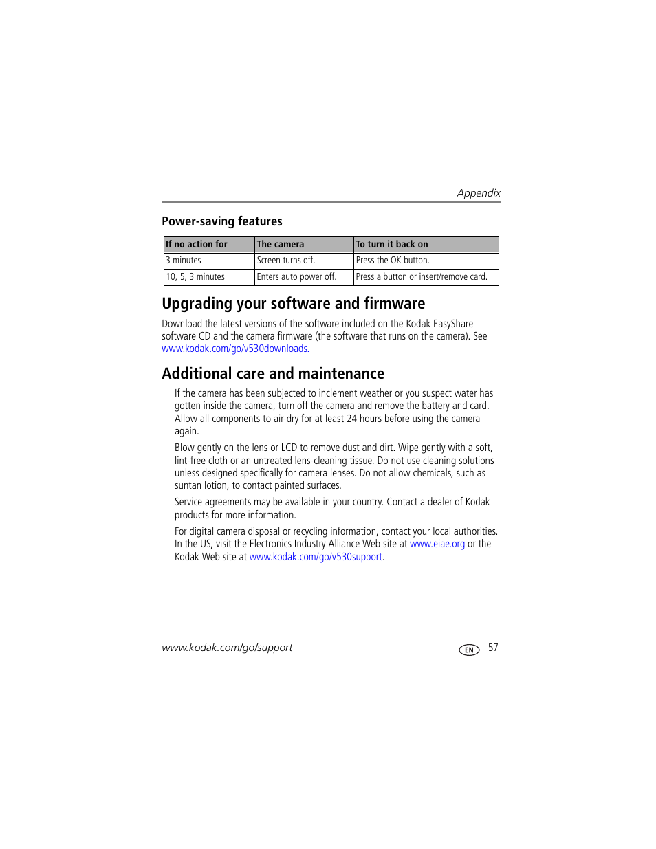 Power-saving features, Upgrading your software and firmware, Additional care and maintenance | The lens | Kodak V530 User Manual | Page 63 / 73