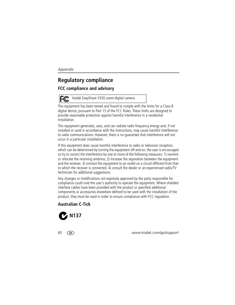 Fcc compliance and advisory, Australian c-tick, Regulatory compliance | N137 | Kodak V530 User Manual | Page 66 / 73