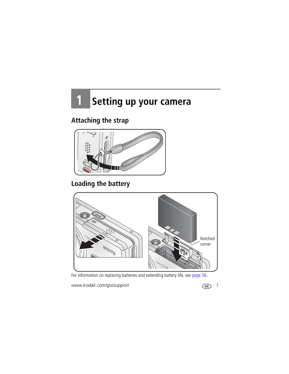 Setting up your camera, Attaching the strap, Loading the battery | 1 setting up your camera, Attaching the strap loading the battery | Kodak V530 User Manual | Page 7 / 73