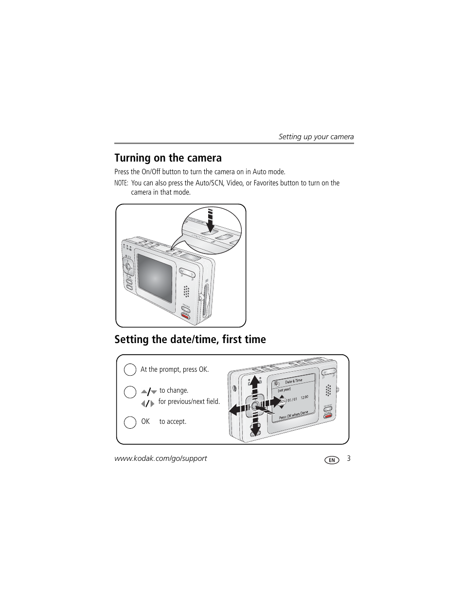 Setting the date/time, first time, Turning on the camera | Kodak V530 User Manual | Page 9 / 73