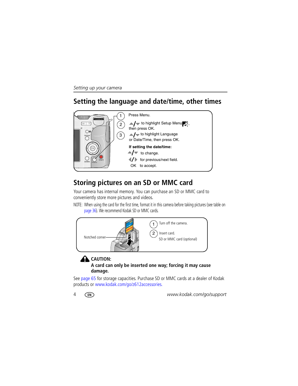 Setting the language and date/time, other times, Storing pictures on an sd or mmc card | Kodak Z612 User Manual | Page 10 / 90