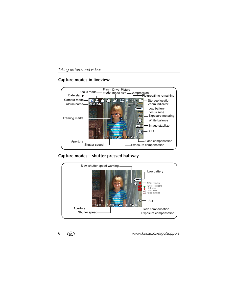 Capture modes in liveview, Capture modes-shutter pressed halfway | Kodak Z612 User Manual | Page 12 / 90