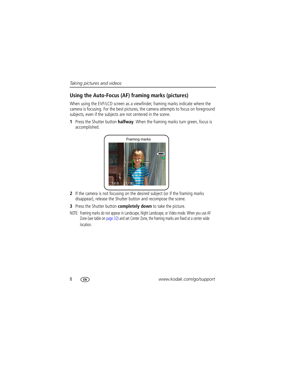 Using the auto-focus (af) framing marks (pictures) | Kodak Z612 User Manual | Page 14 / 90