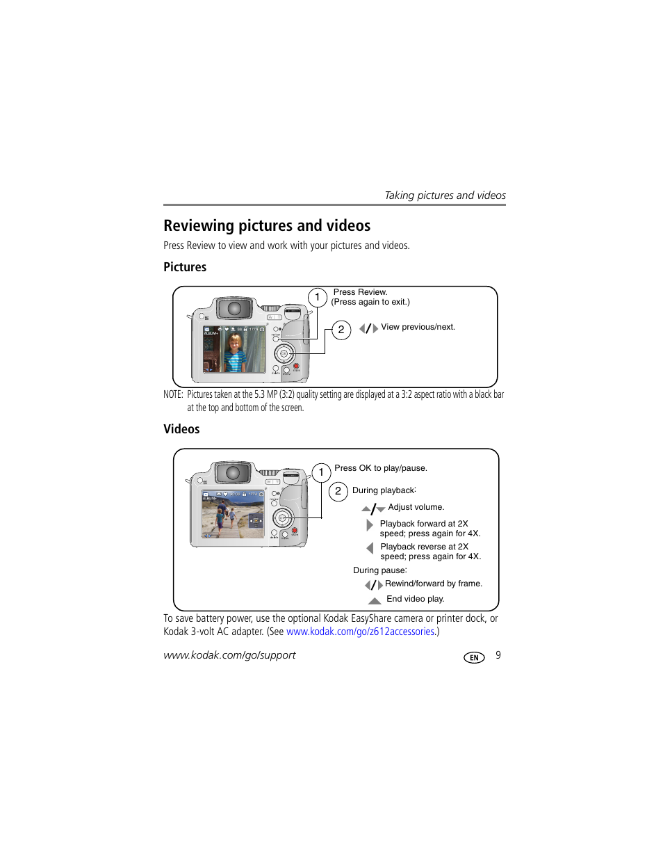 Reviewing pictures and videos, Pictures, Videos | Kodak Z612 User Manual | Page 15 / 90